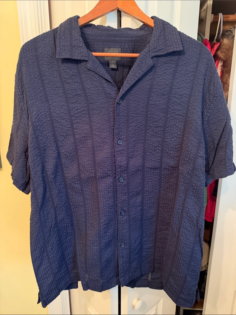 Men's 14th & Union Navy Textured Short-Sleeve Button-Up Shirt- Medium